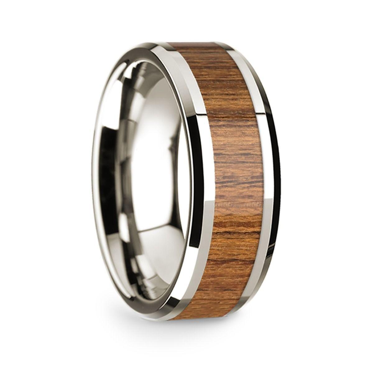 14k White Gold Polished Beveled Edges Wedding Ring with Teakwood Inlay - 8 mm