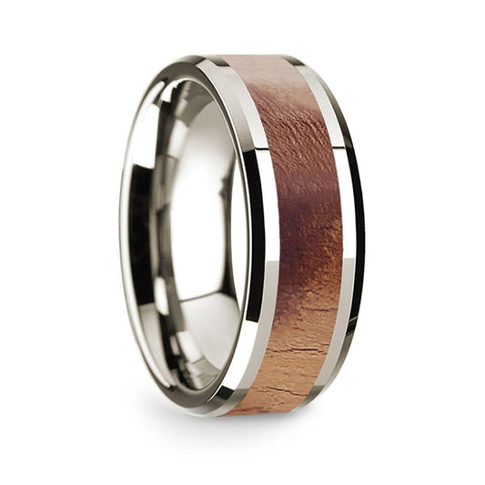 14k White Gold Polished Beveled Edges Men's Wedding Band with Olive Wood Inlay - 8 mm