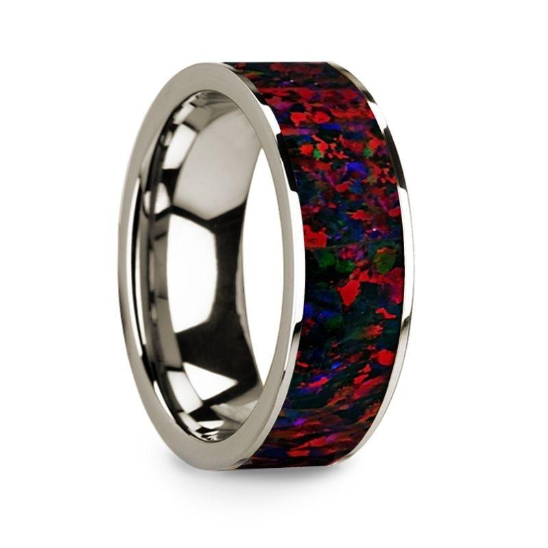 Flat Polished 14k White Gold Wedding Ring with Black and Red Opal Inlay - 8 mm