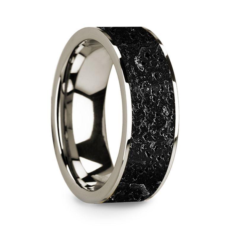 Flat Polished 14k White Gold Wedding Ring with Lava Rock Inlay - 8 mm