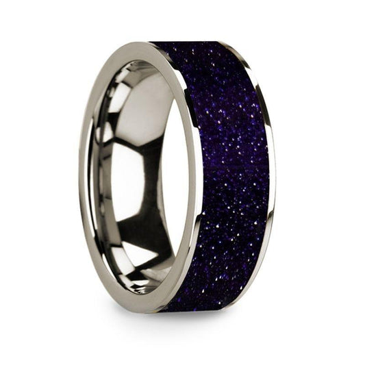 Flat Polished 14k White Gold Wedding Ring with Purple Goldstone Inlay - 8 mm