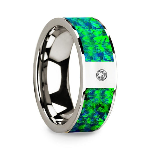 Men’s Polished 14k White Gold & Green/Blue Opal Inlay Wedding Ring with Diamond - 8mm