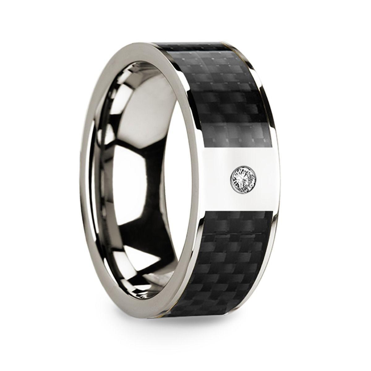 Black Carbon Fiber Inlaid 14k White Gold Polished Ring with Diamond Accent - 8mm