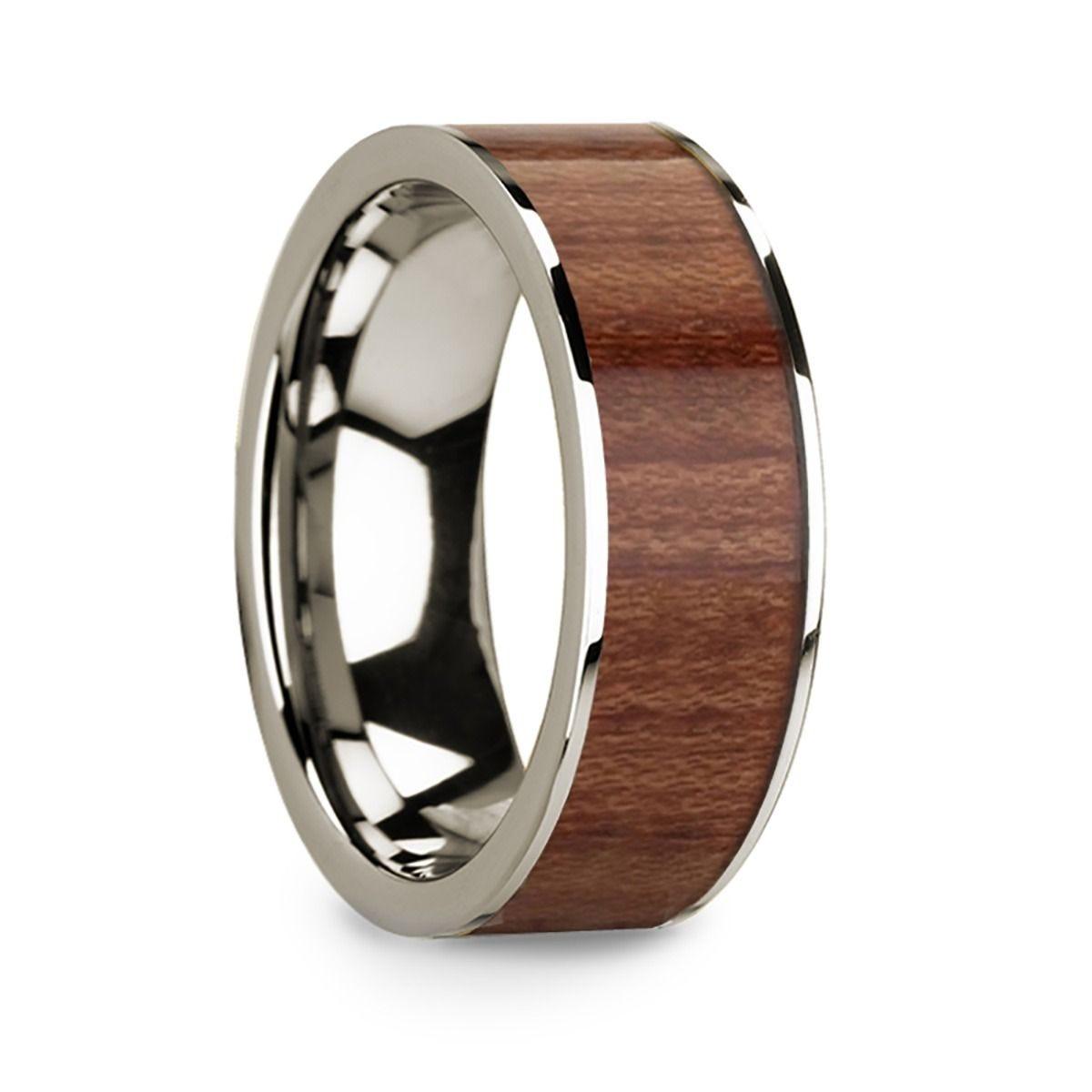 14k White Gold Men’s Wedding Band with Rosewood Inlay & Polished Finish - 8mm