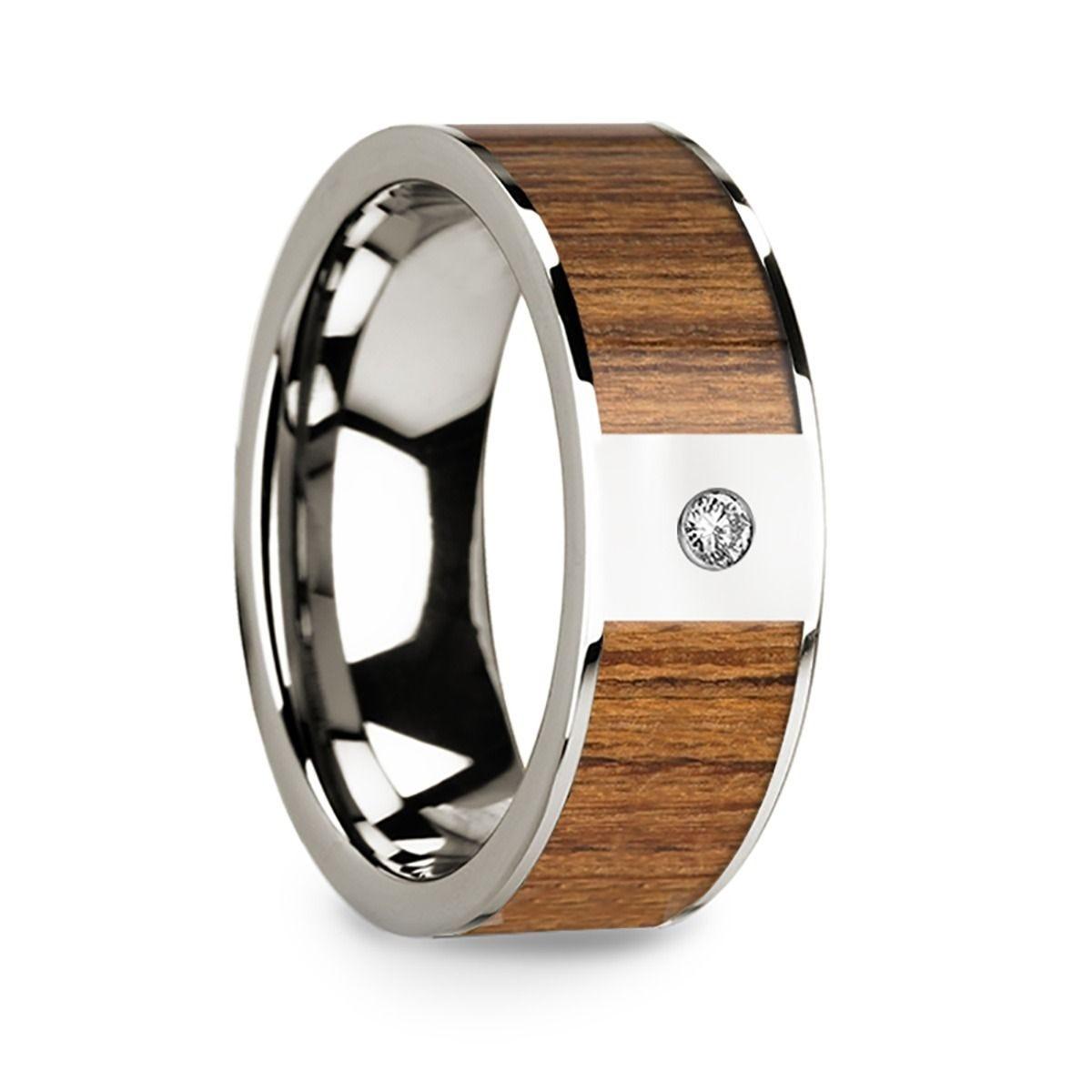 Men’s Polished 14k White Gold & Teak Wood Inlaid Wedding Band with Diamond - 8mm