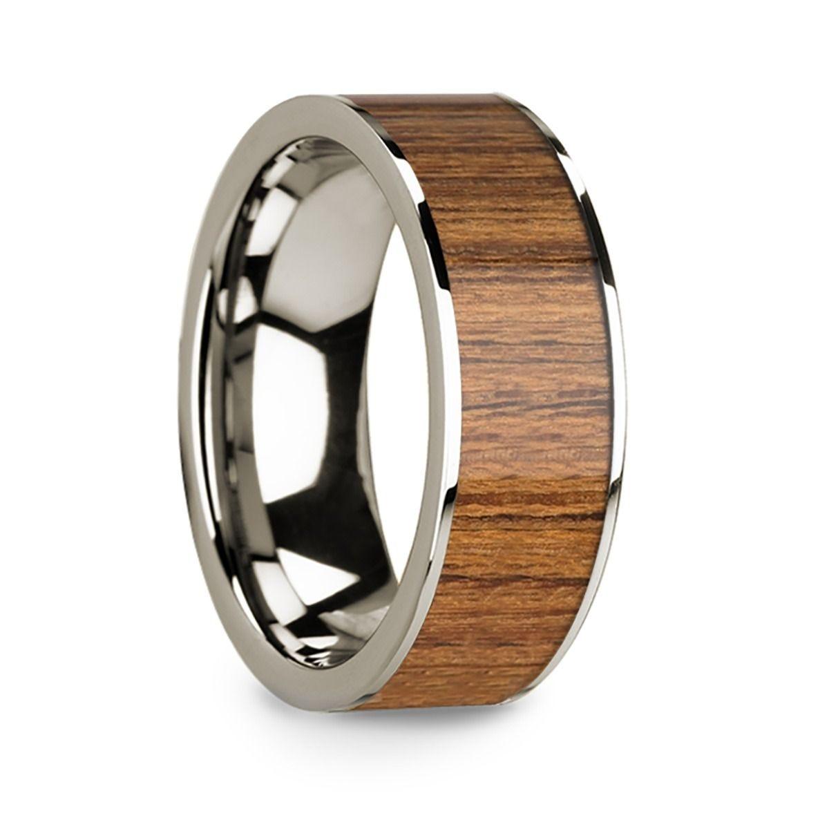 Polished 14k White Gold Men’s Wedding Band with Teak Wood Inlay - 8mm