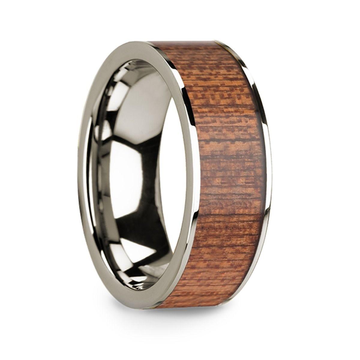 Polished 14k White Gold & Cherry Wood Inlay Men’s Flat Wedding Ring - 8mm